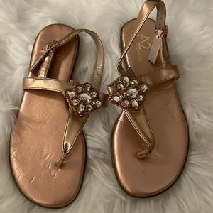 T strap sandals rose gold